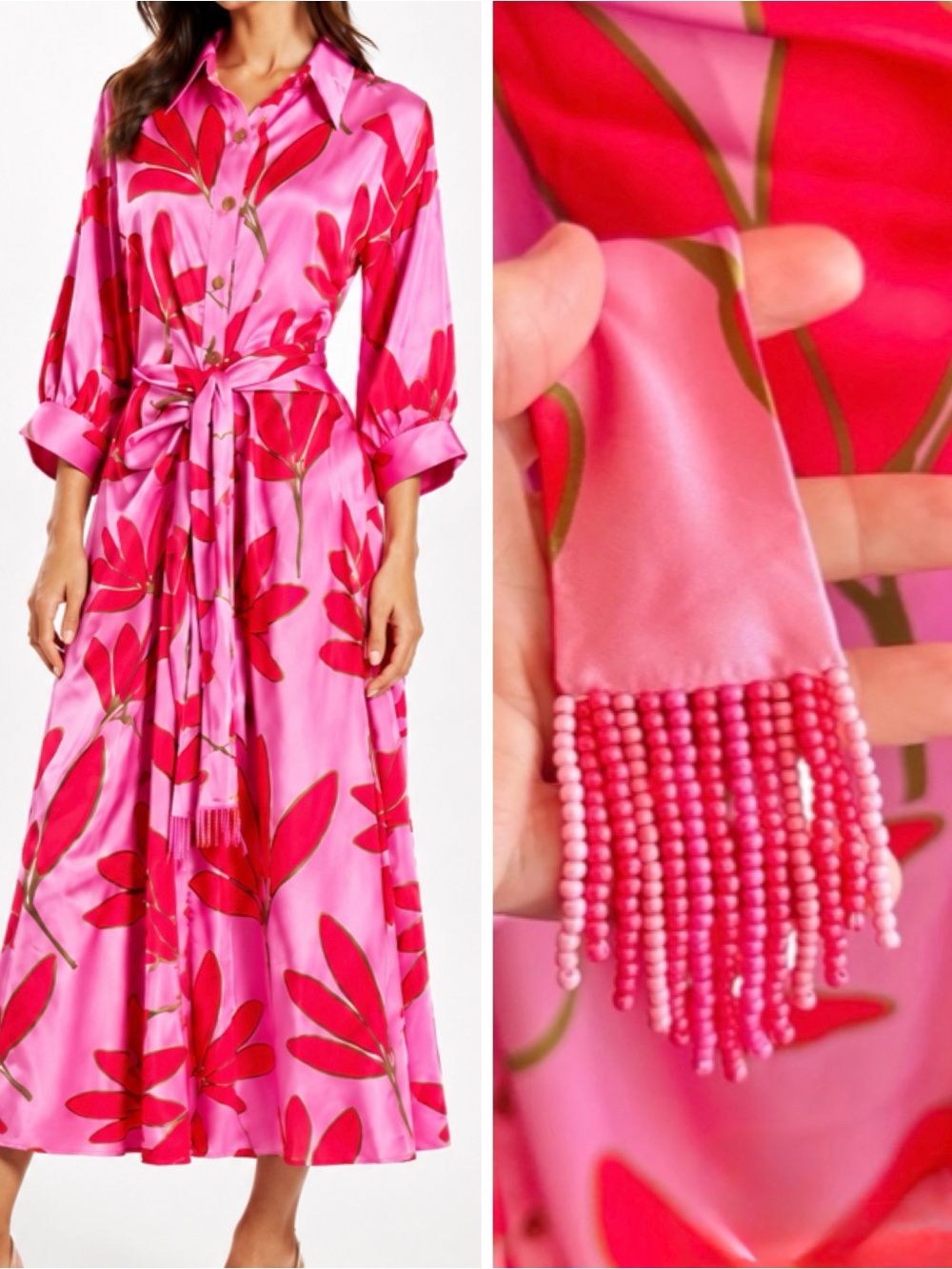 KARLIE Satin Palm Floral Pink Maxi Shirt Dress w Beaded Tassel Sash Belted Waist
